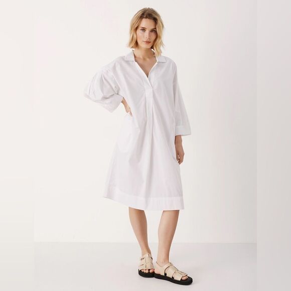 Part Two NoleenPW White Loose Fit Collared V-Neck Cotton Poplin Dress Sz 36 NWT - Picture 1 of 3